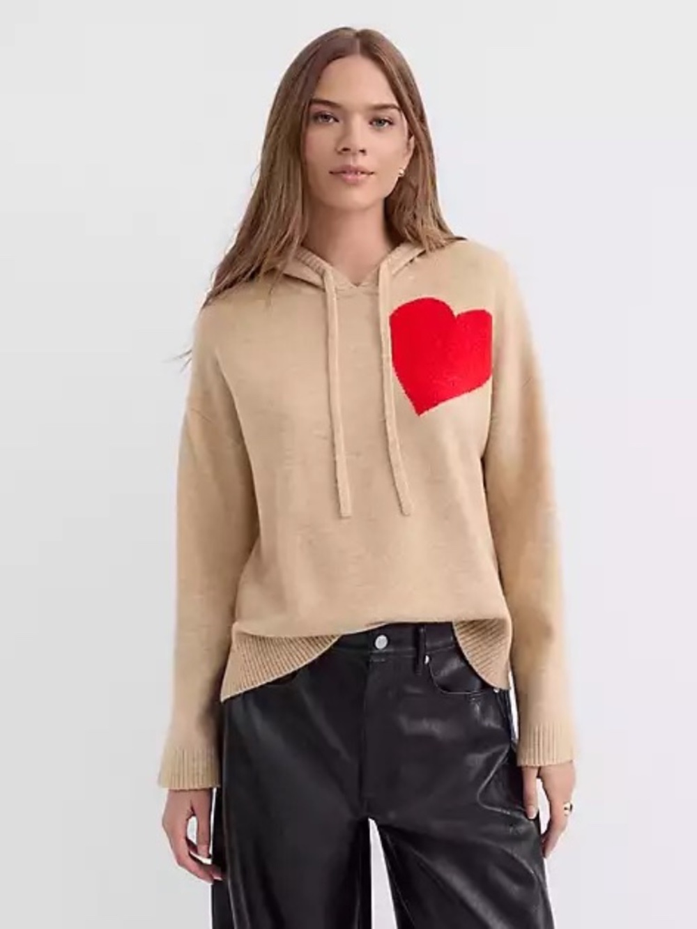 LOFT Heart Knit Hoodie Sweater Beige Tan Medium Perfect Condition Super Soft!